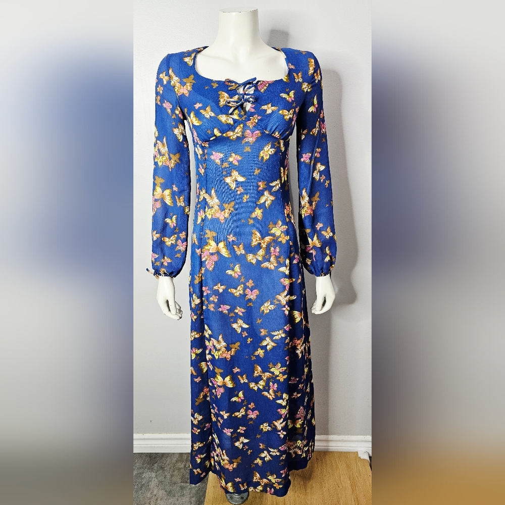 Vintage 70s Blue Butterfly Print Maxi Dress